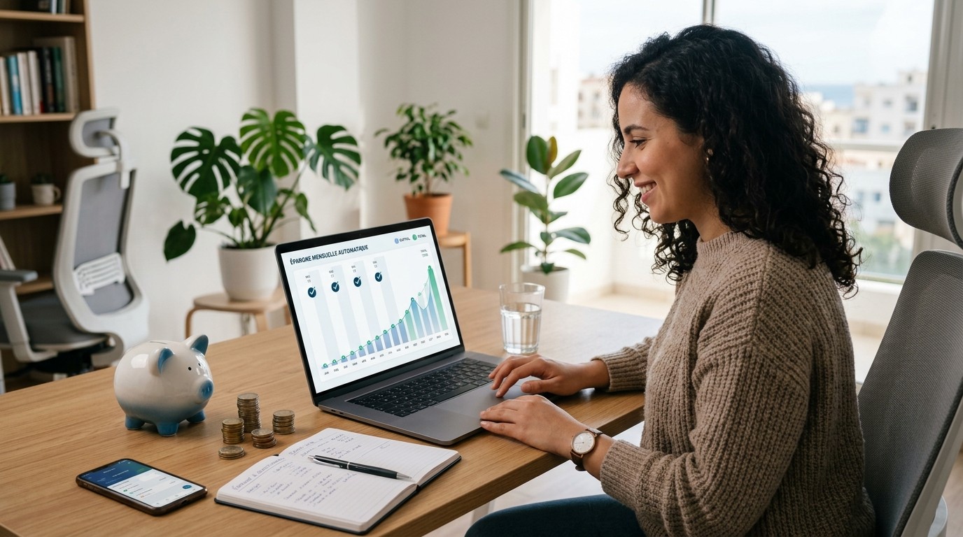 Personne assise sur un canapé configurant un virement automatique sur tablette pour son Plan d'Épargne en Actions